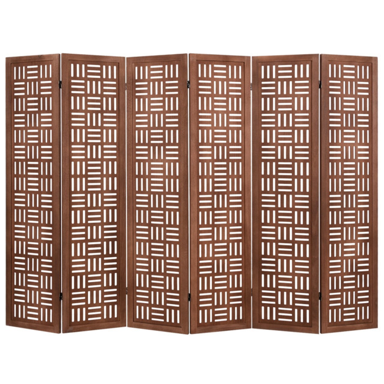 Walnut 6-Panel Foldable Room Divider – Paulownia Wood Screen with Carved Design for Home